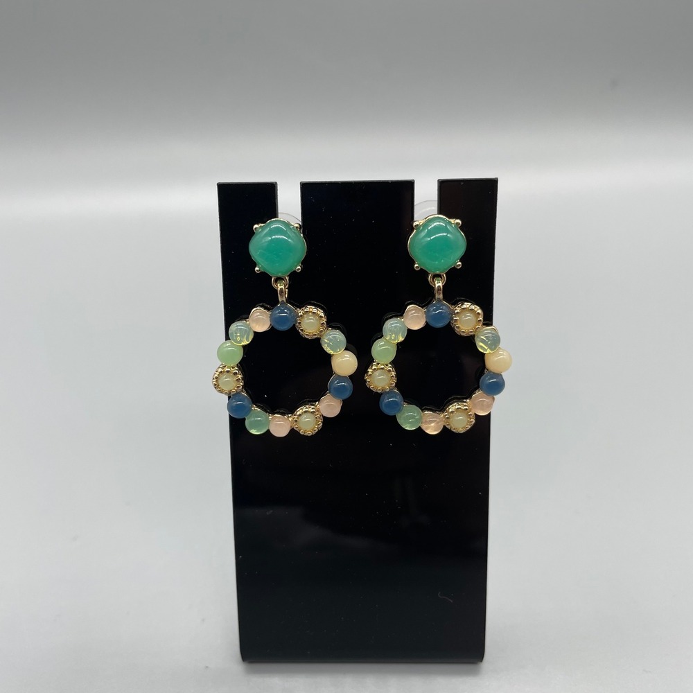 Gold Tone Multi Color Beaded Wreath Drop Earrings Green Cabochon Studs Boho